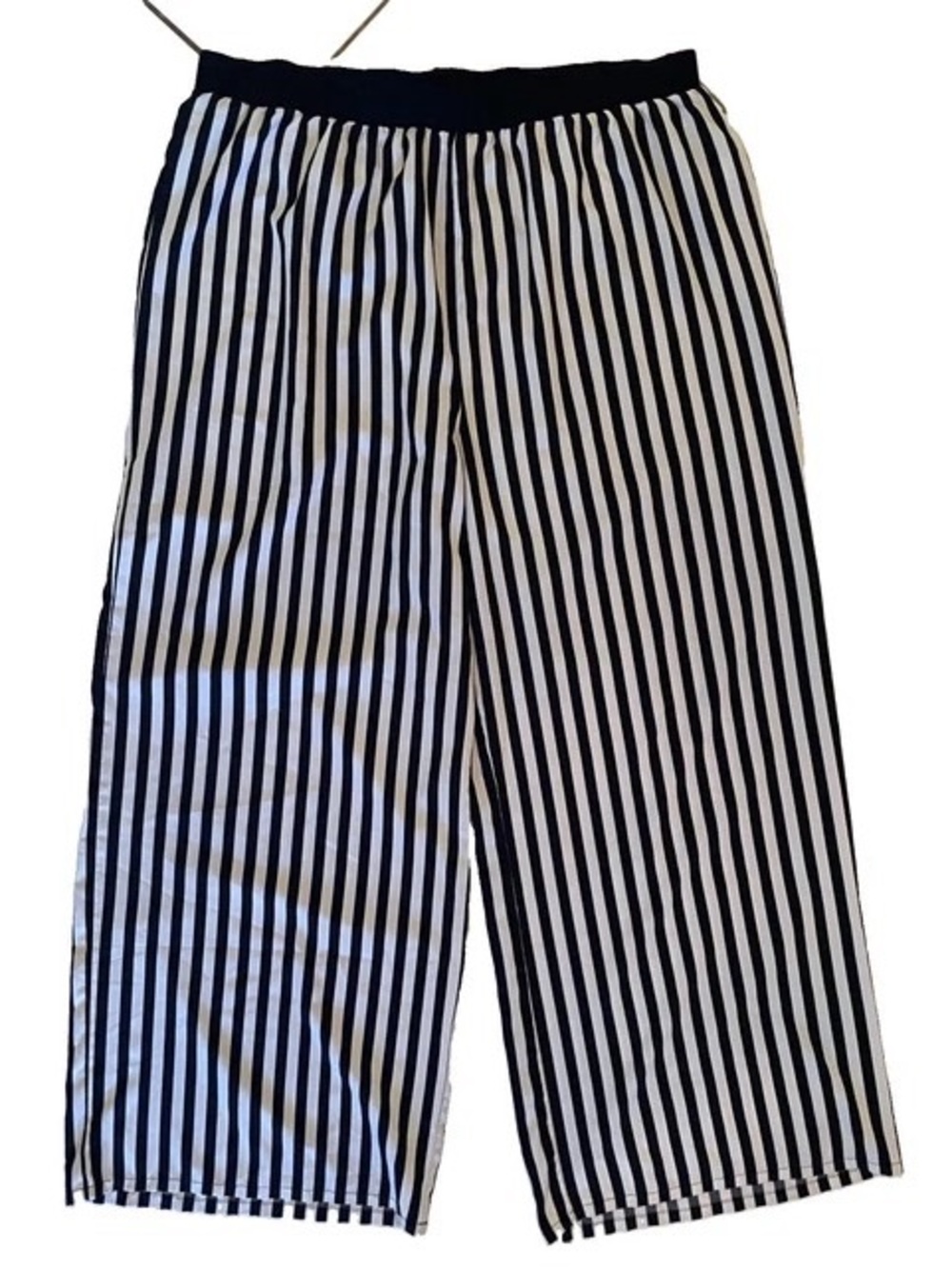 Women Black White Vertical Striped Wide Leg Elastic Waist Palazzo Pants 2XL
